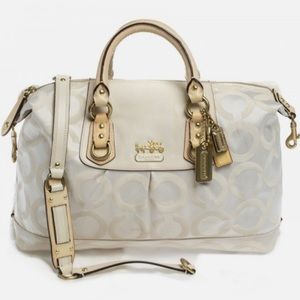 Coach Sabrina Beige Op Art Fabric Leather Satchel Bag Purse